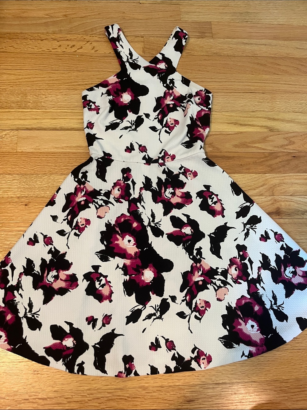 Lord & Taylor White Dress with Pink and Black Floral Accents, Size XS